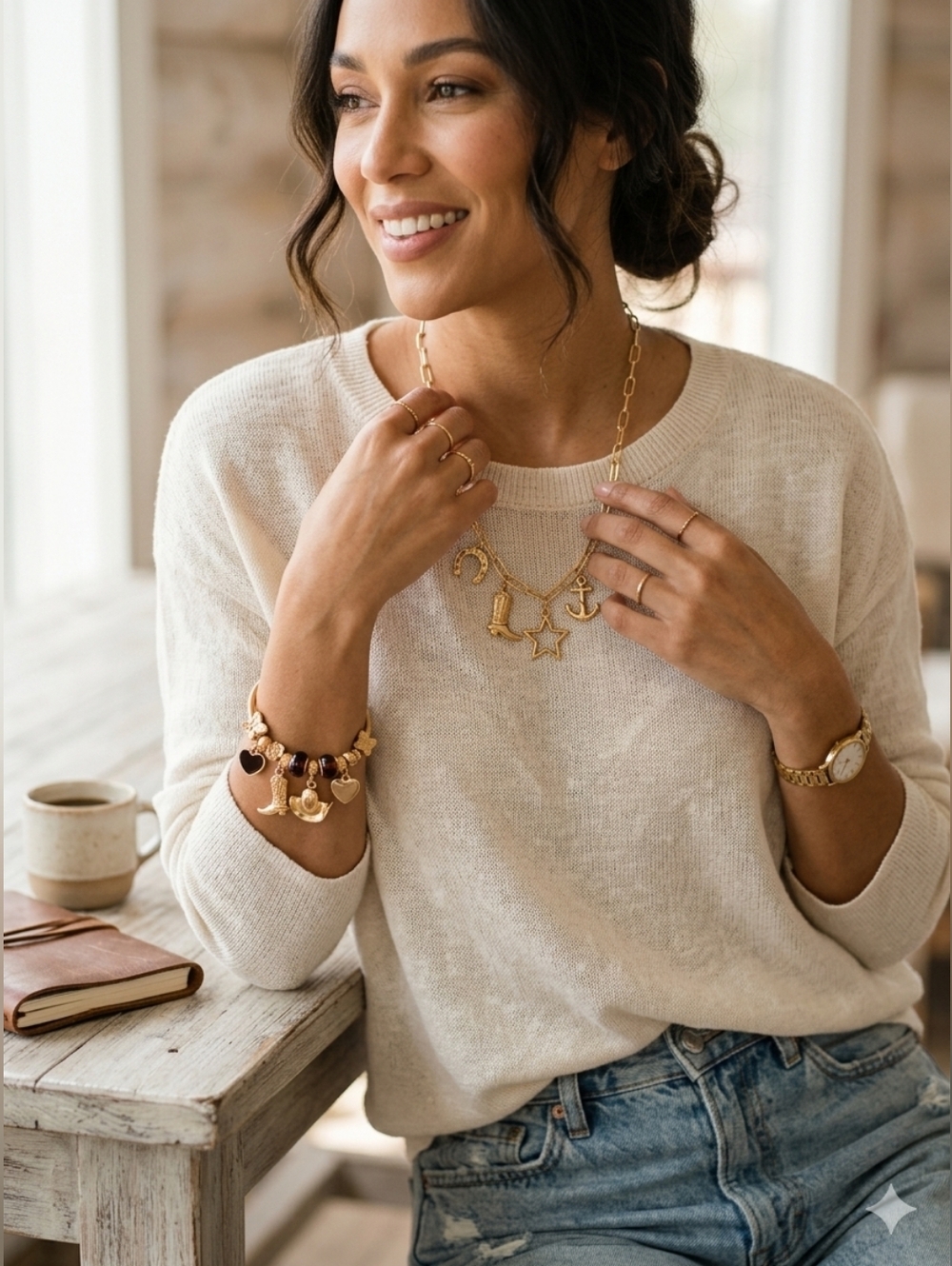 Paperclip Charm Necklace And Gold Tone Charm Western Bracelet New No Tag
